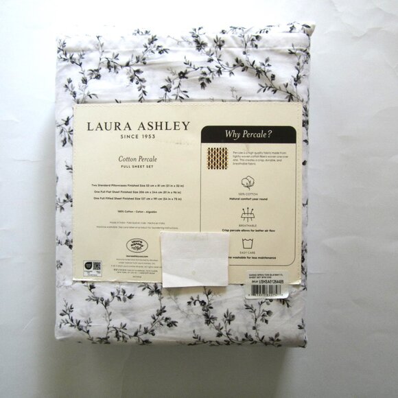 Laura Ashley Cotton Percale Black Grey Floral Flowers Full Sheet Set - Picture 2 of 7